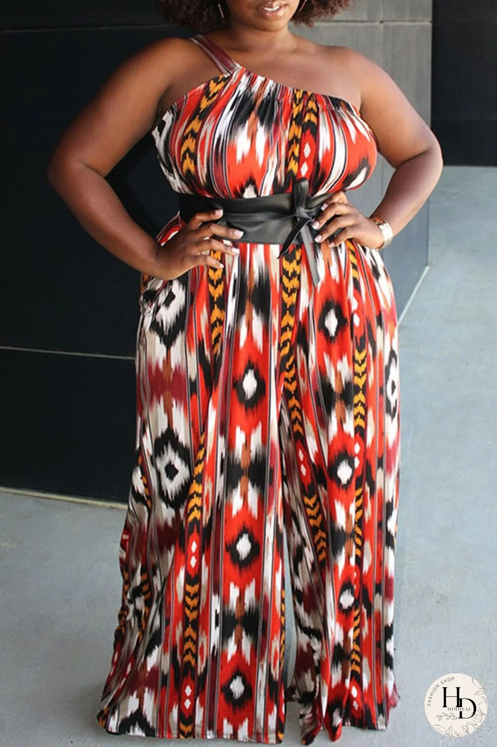 Red Sexy Print Tie-dye Without Belt Asymmetrical One Shoulder Loose Jumpsuits