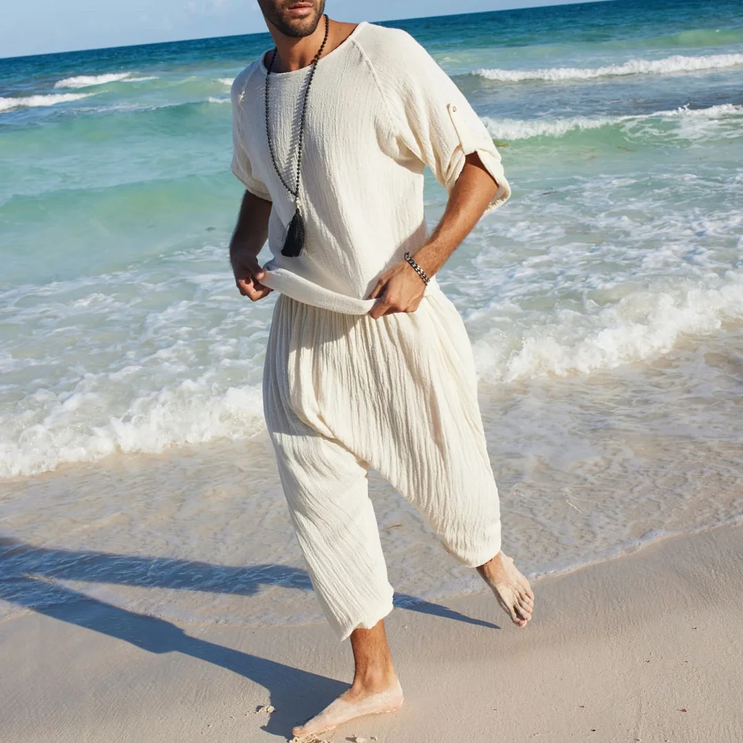 Mens Linen Minimalist Holiday Plain Half Sleeve Shirt