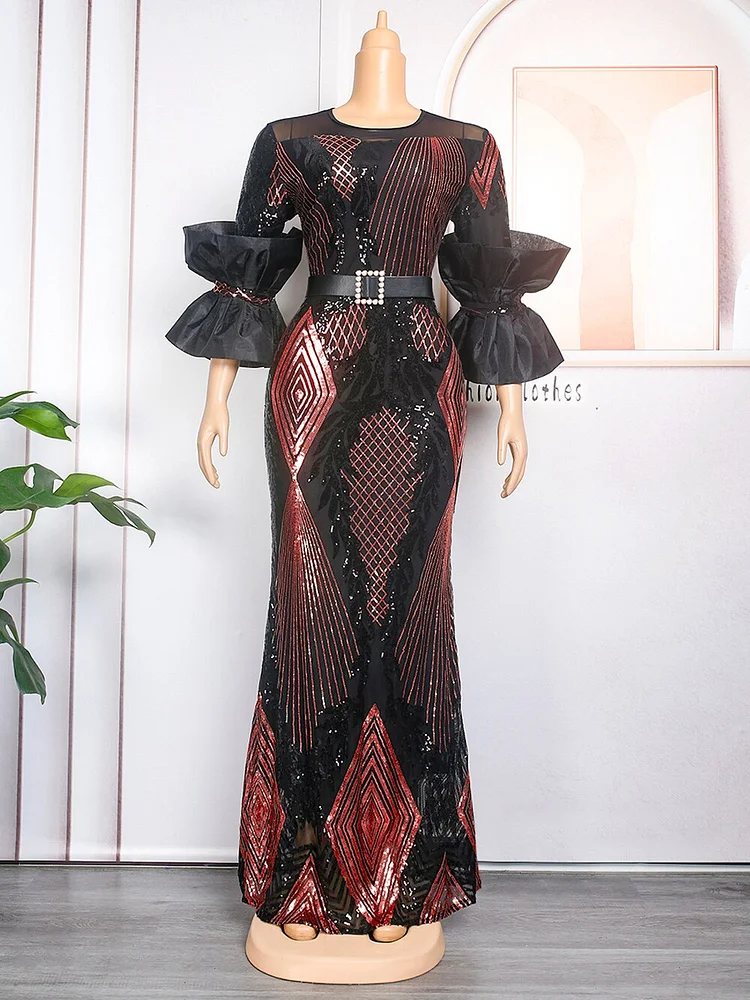African Americans fashion QFY Evening Dresses Long Luxury 2022 Winter Sequin Mesh Dashiki Dress African Plus Size Women Gown Robe Africaine Femme Vestidos Ankara Style QueenFunky