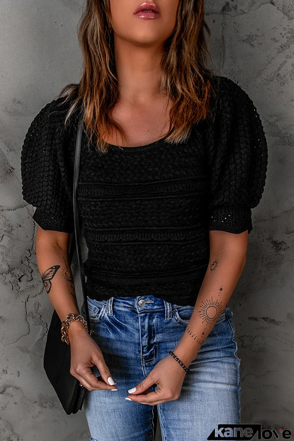 Black Crochet Puff Sleeve Knit Top