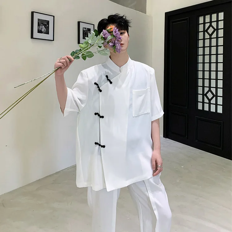 Dawfashion Techwear Streetwear-High-end Non-ironing Fabric Chinese Style Coil Button Short-sleeved Shirts-Streetfashion-Darkwear-Techwear