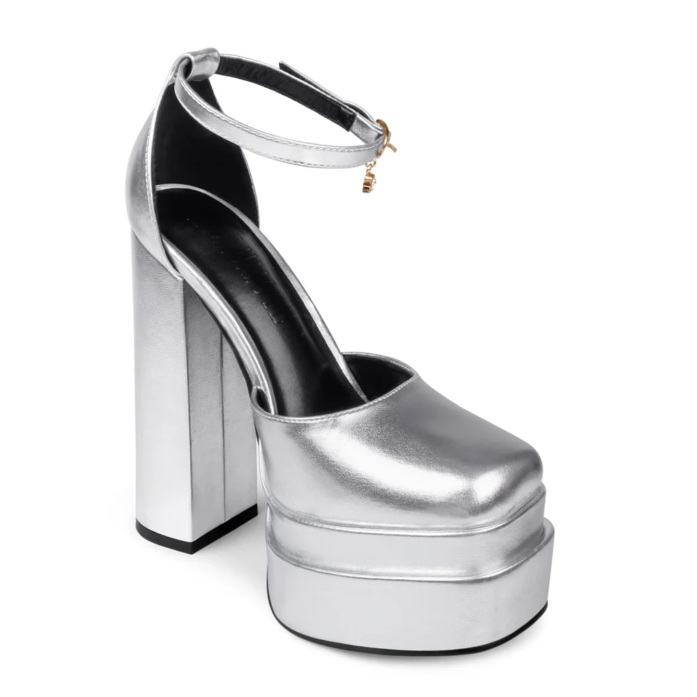 150mm Women's Sexy High Heels Platforms Pumps Square Toe Chunky Block Heels Rhinestone Party Shoes-MERUMOTE