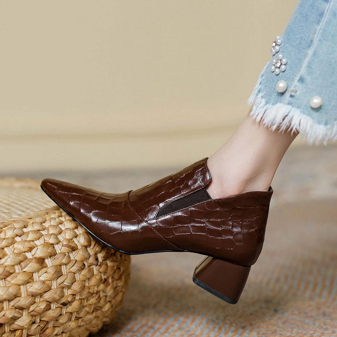 Brown Crocodile Embossed Chunky Heel Pointed Toe Booties for Women
