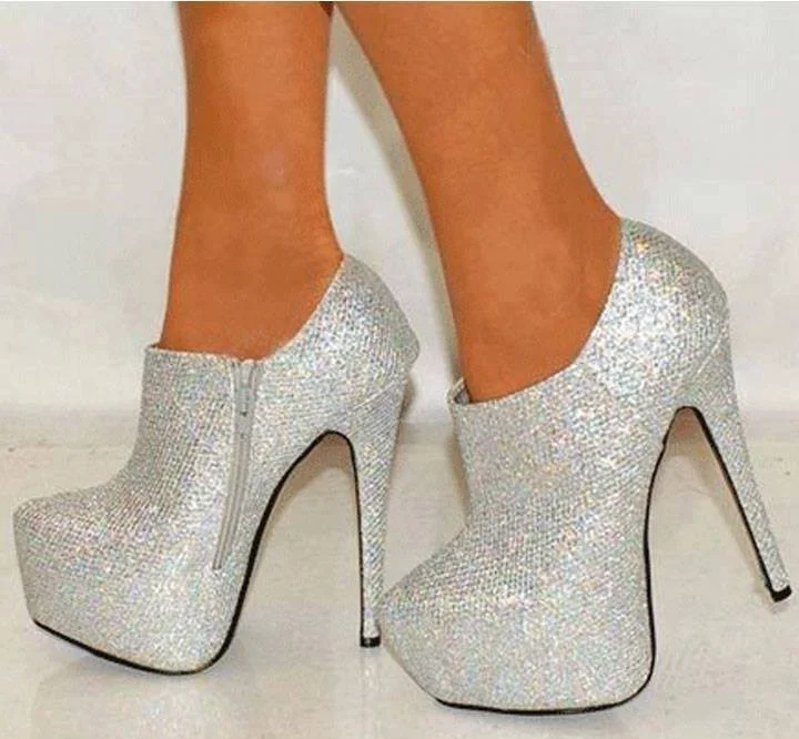 Silver Glitter Sparkly Platform Ankle Booties Vdcoo