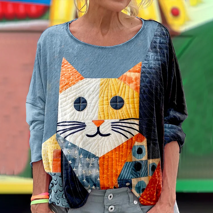 Women's Cute Cat Patchwork Art Long Sleeve T-shirt