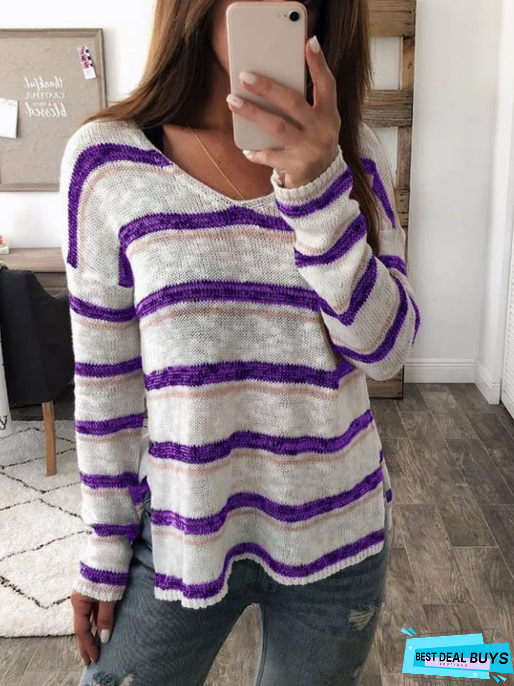 V Neck Casual Striped Sweater