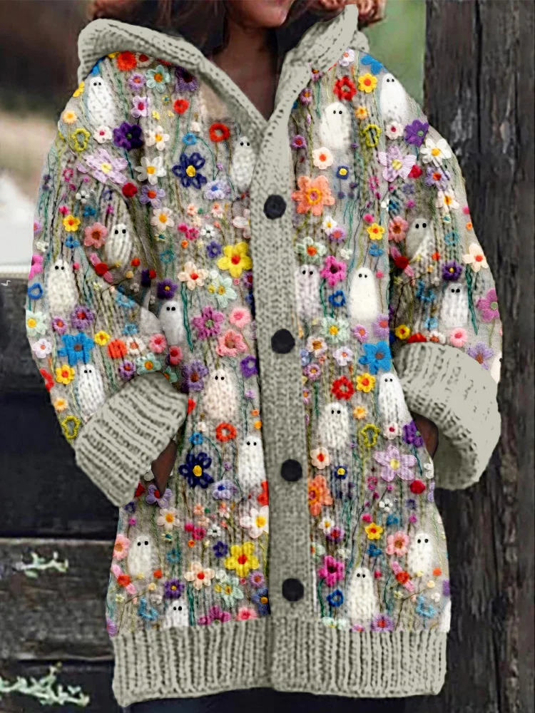 Embroidery and Felted Ghosts Art Cozy Hooded Cardigan