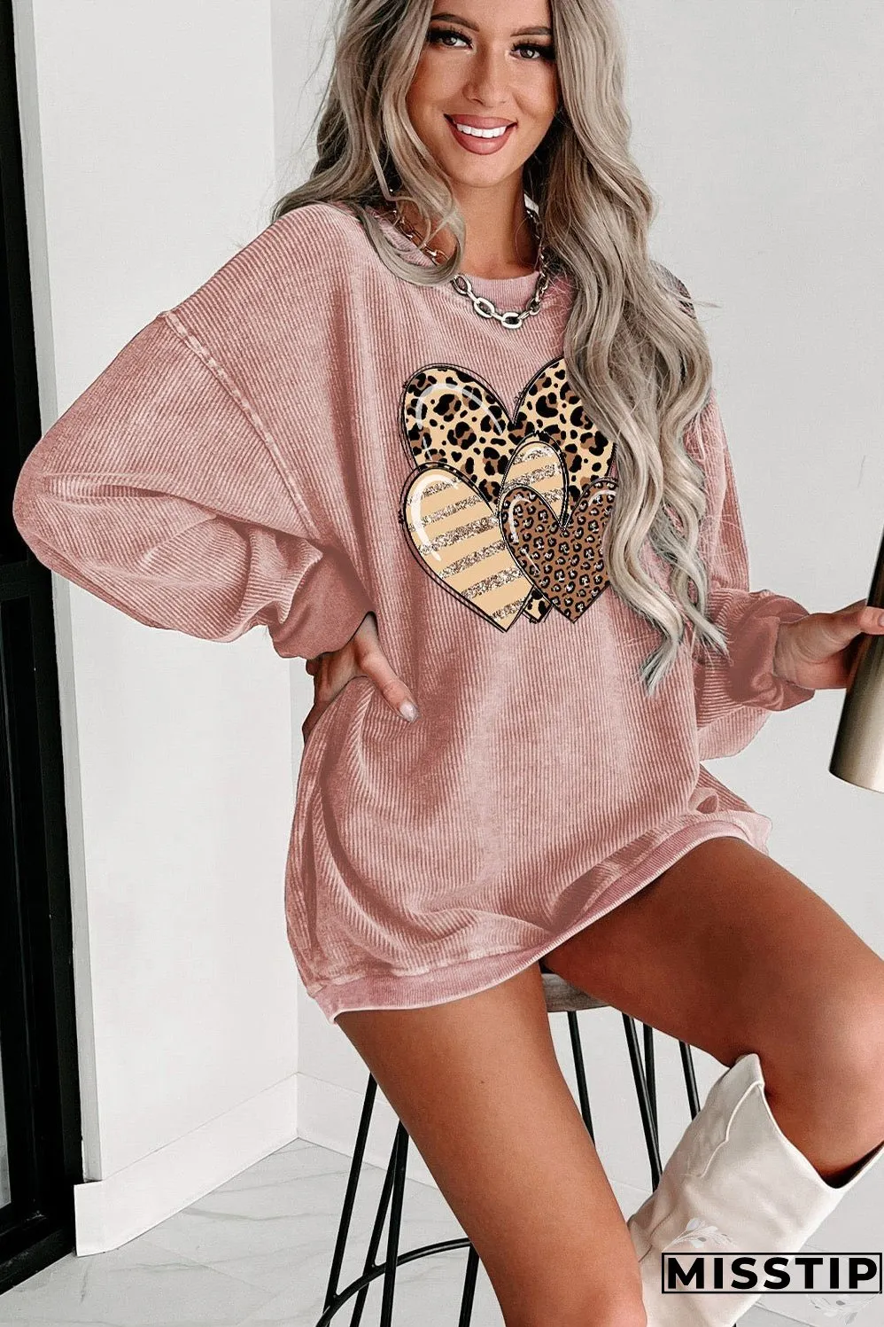 Pink Leopard Heart Shape Corded Loose Fit Sweatshirt