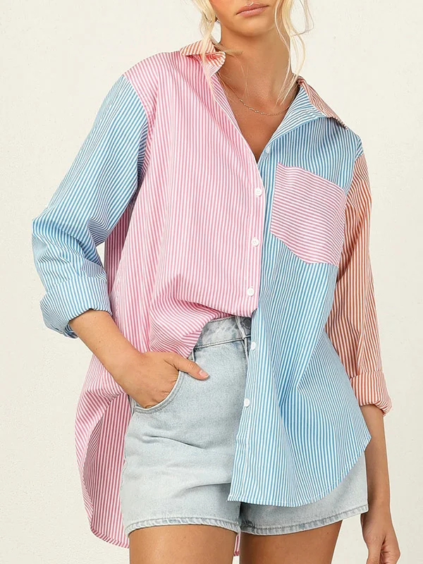 Original 6 Colors Striped Buttoned Lapel Collar Long Sleeves Blouse