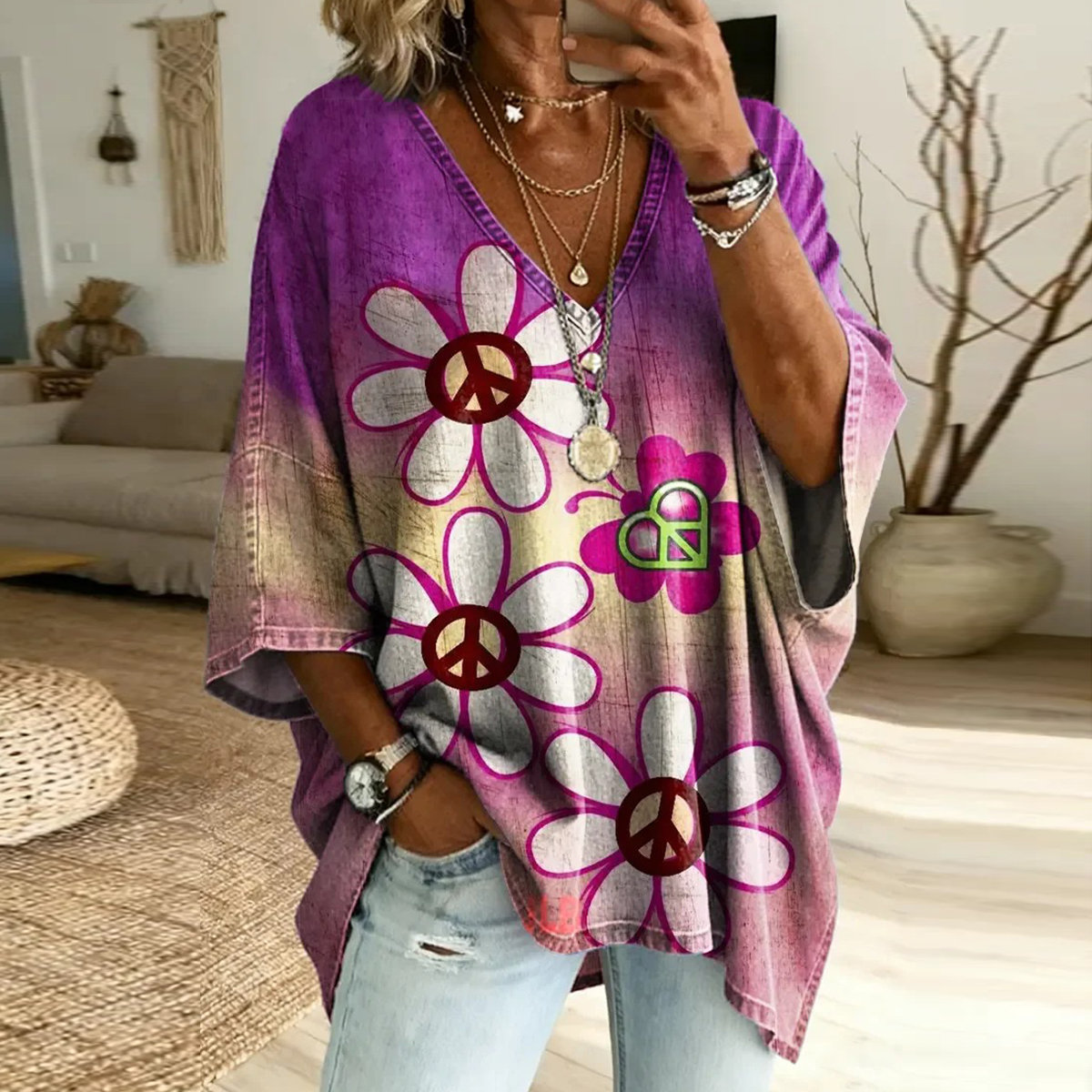 Women's Hippie-style "beauty Of Peace" Print V-neck Loose-fit Top elevenforest