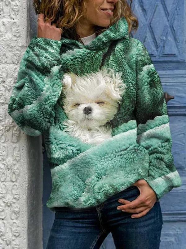 Fashionable Dog Print Hooded Long-Sleeved Sweatshirt