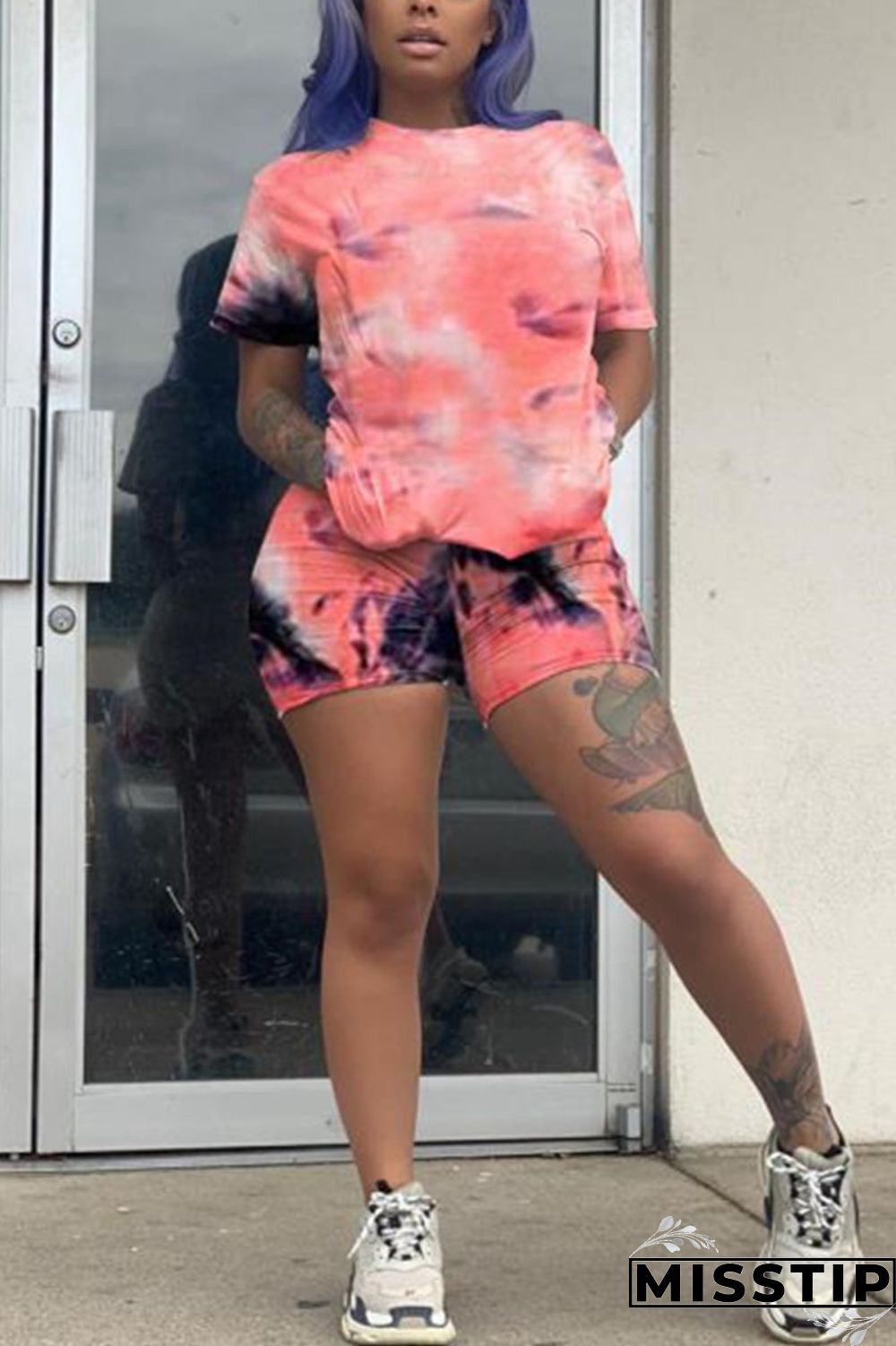 Pink Fashion Casual Tie-dye Printed Two-piece Set