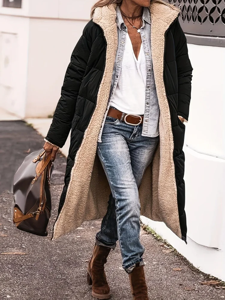 Stylish and Versatile Zipper Front Color Block Winter Coat