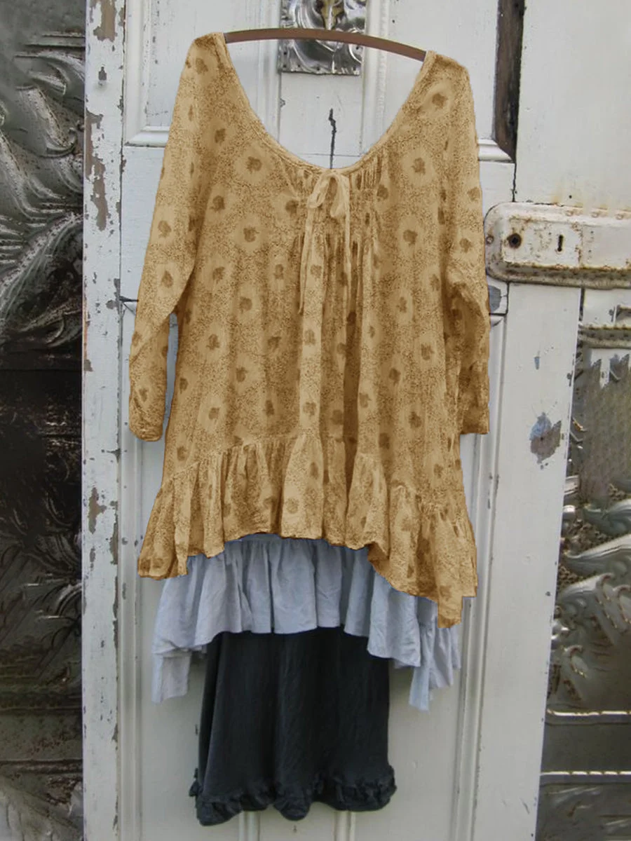 Womens Printed Ruffled Hem Linen Casual Top