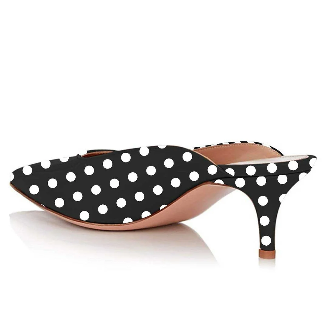 Black & White Pointed Toe Slip-On Mule Heels with Polka Dots
