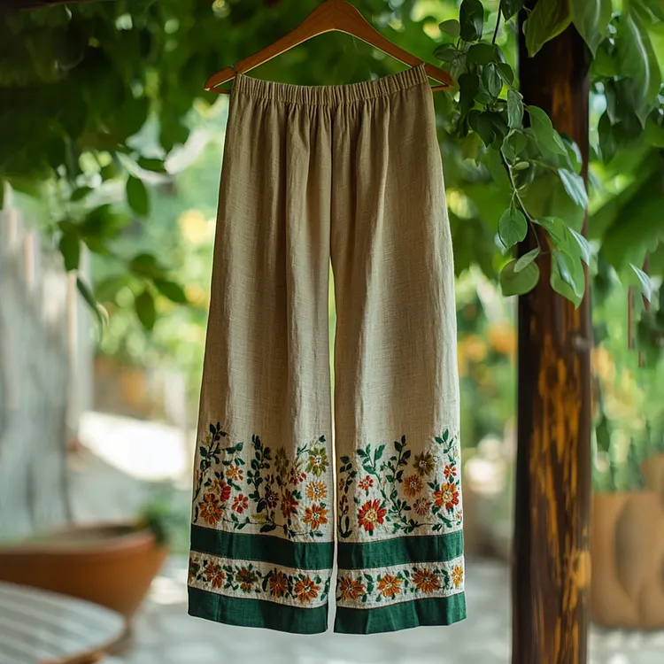 Embroidered Flower Linen Blend Wide Leg Casual Pants