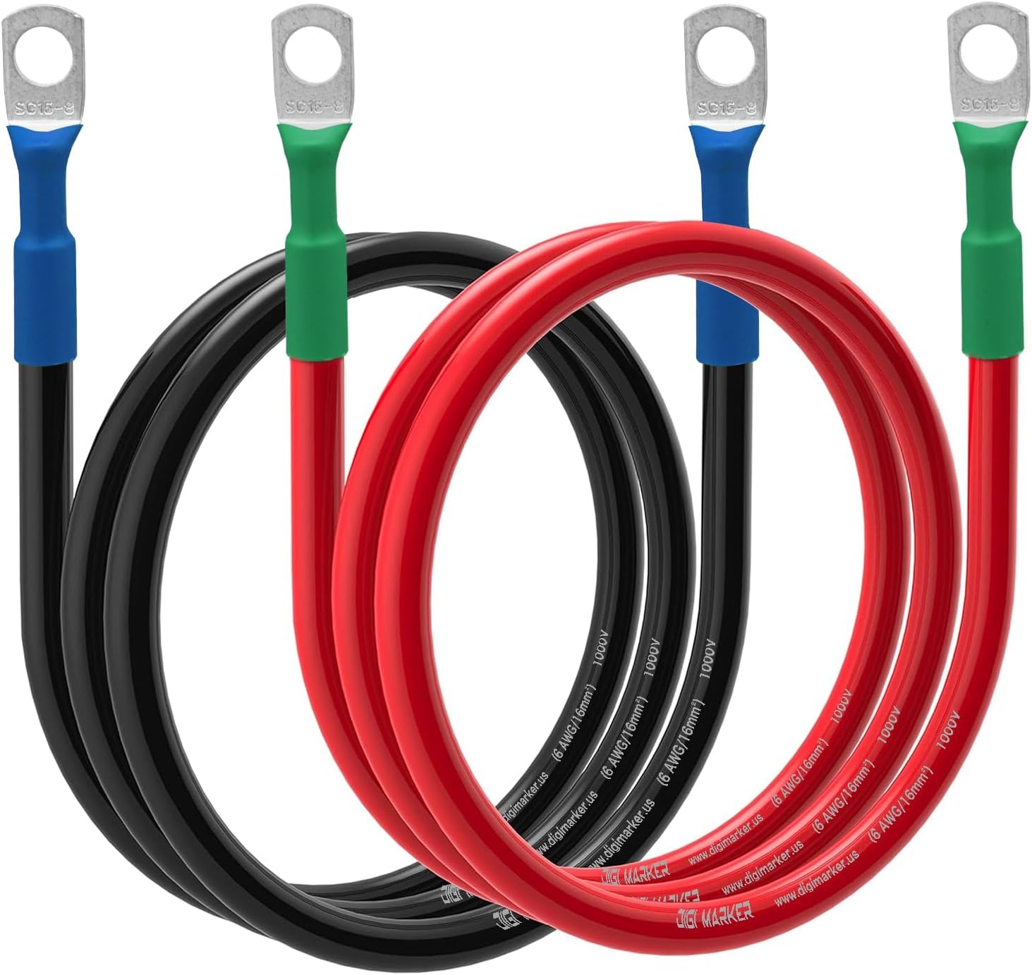 2PCS 6 AWG Battery Cables , 12-Inch/24-inch/60-inch Car Battery Inverter Cable Set with 3/8" 5/16" Lugs and Terminals-Copper Cables for Automotive, Marine, Solar, ATV