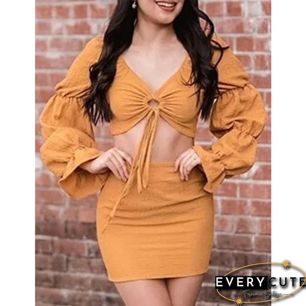 Yellow Hollow-out V Neck Crop Top and Skirts 2pcs Set
