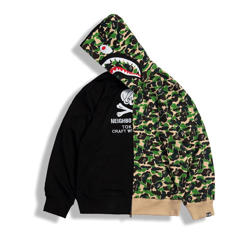 Shark Black and Green Camouflage Patchwork Hoodie Zip Cardigan Sweater Jacket 