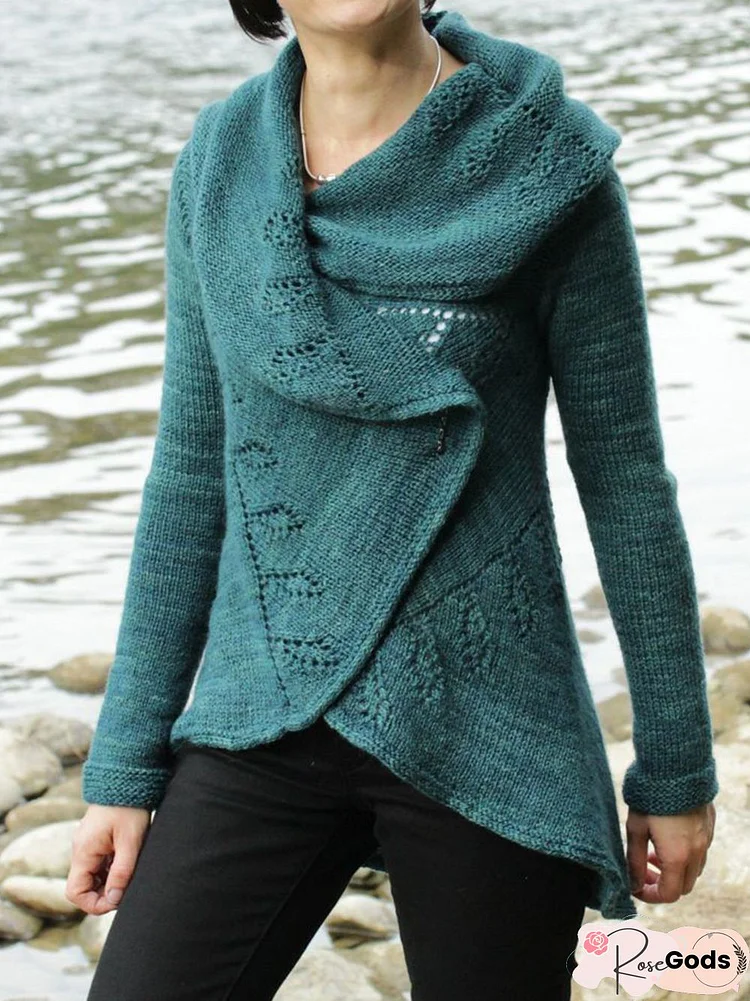 Blue Long Sleeve Cowl Neck Cross Sweater