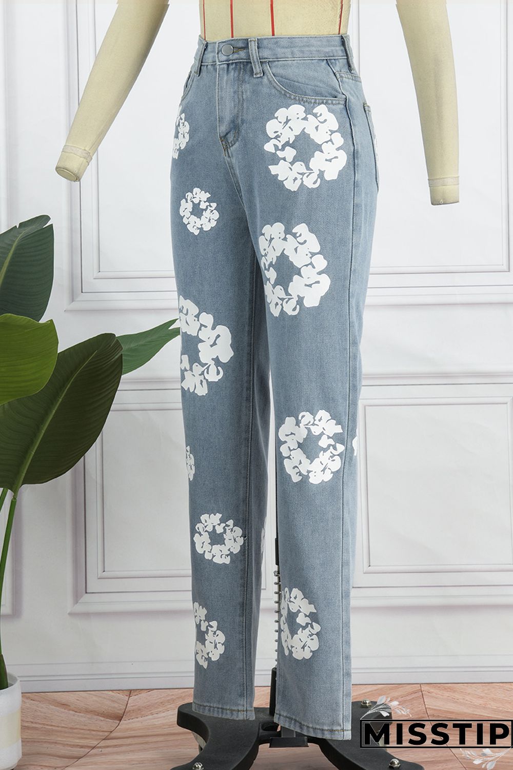 Blue Casual Print Patchwork High Waist Regular Denim Jeans