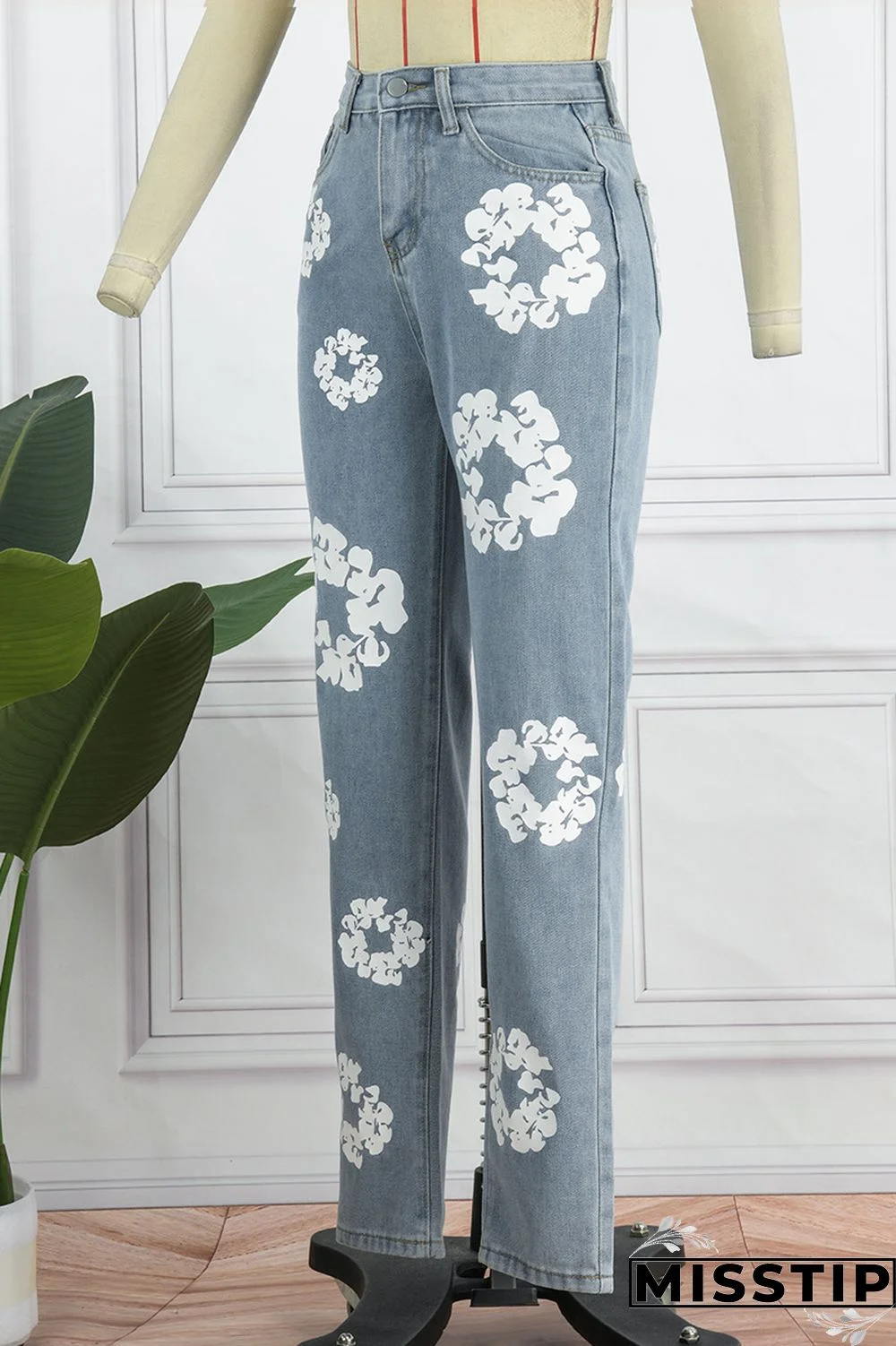 Blue Casual Print Patchwork High Waist Regular Denim Jeans