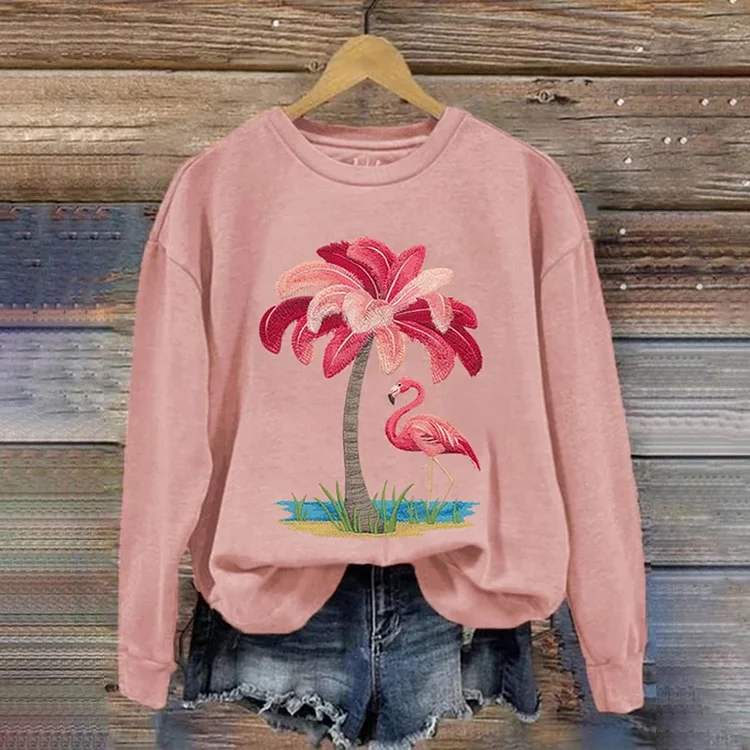 VChics Retro Coconut Tree Flamingo Print Casual Crew Neck Sweatshirt