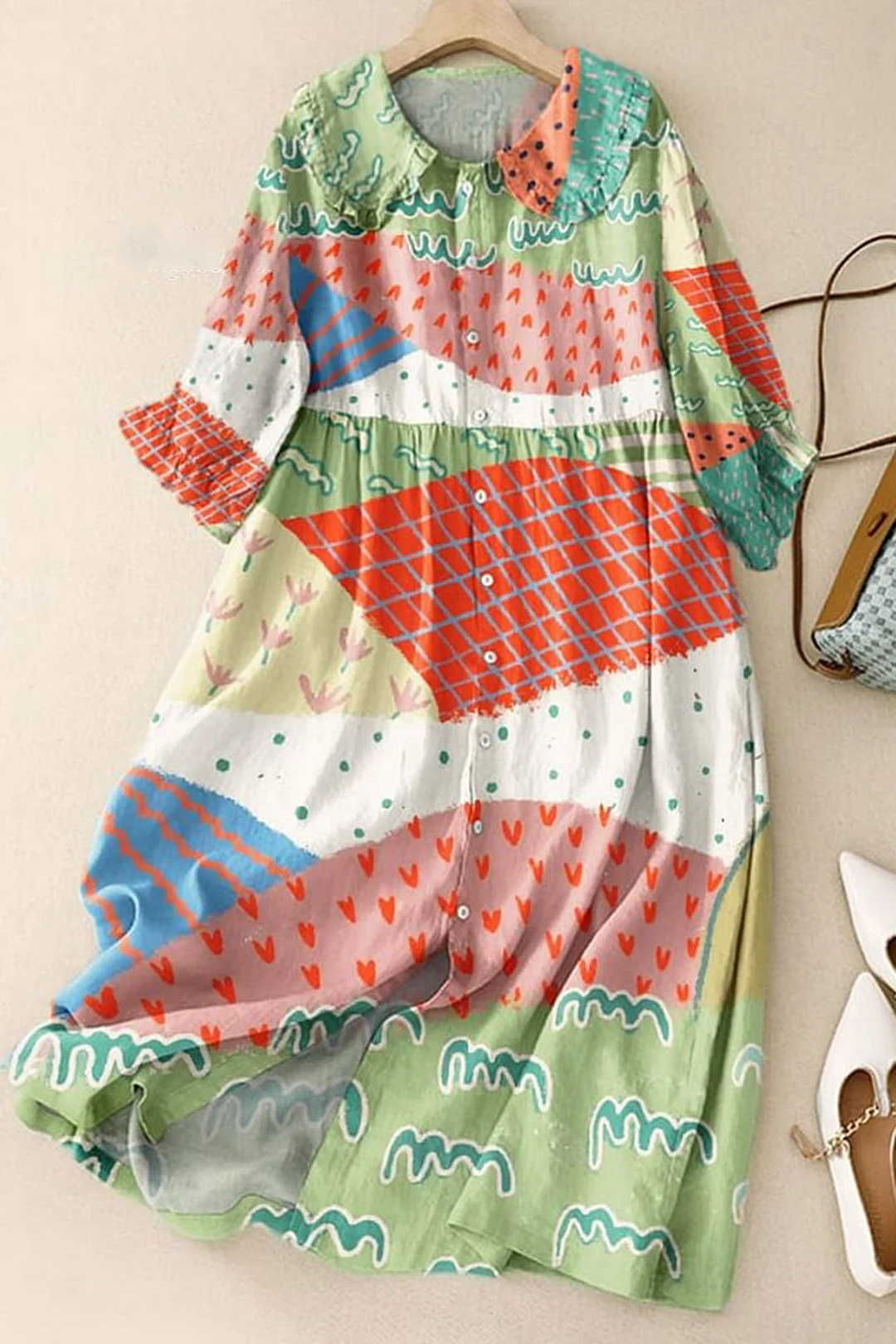 Women‘s Vintage Floral Art Print Peter Pan Collar Cotton Dress