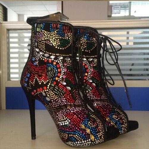 VCSHOES Rhinestone Peep Toe Lace Up High Heel Ankle Boots