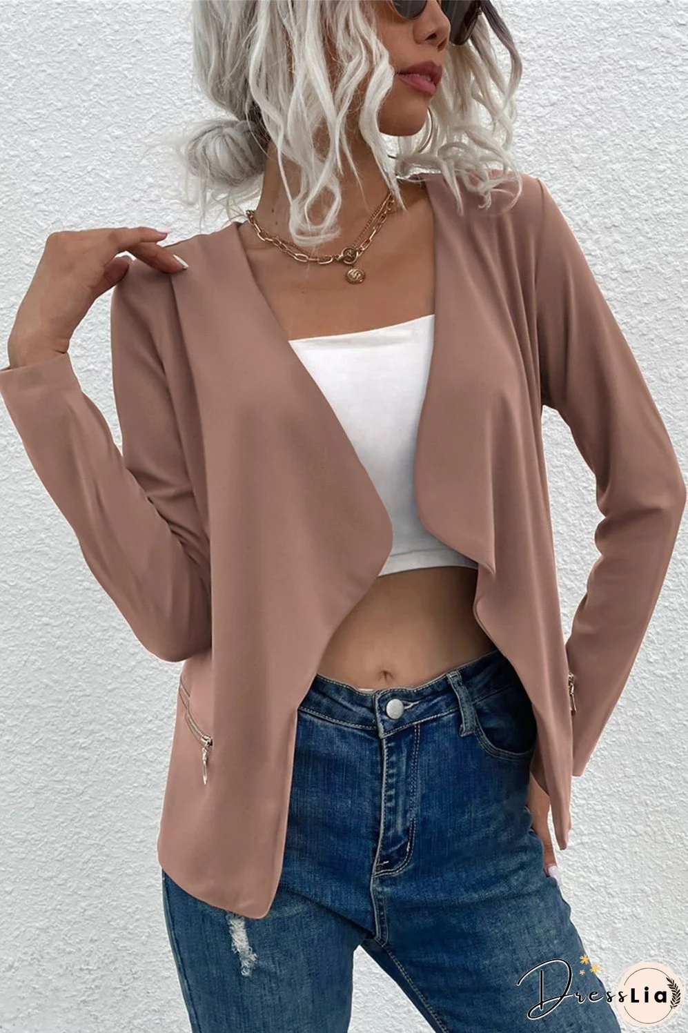 Open Front Zipper Pocket Cardigan