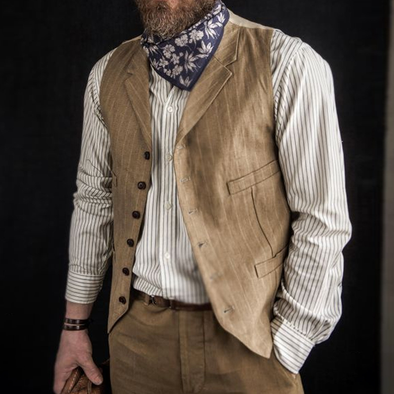 Men's Cotton And Linen Striped Single-Breasted Sleeveless Vest