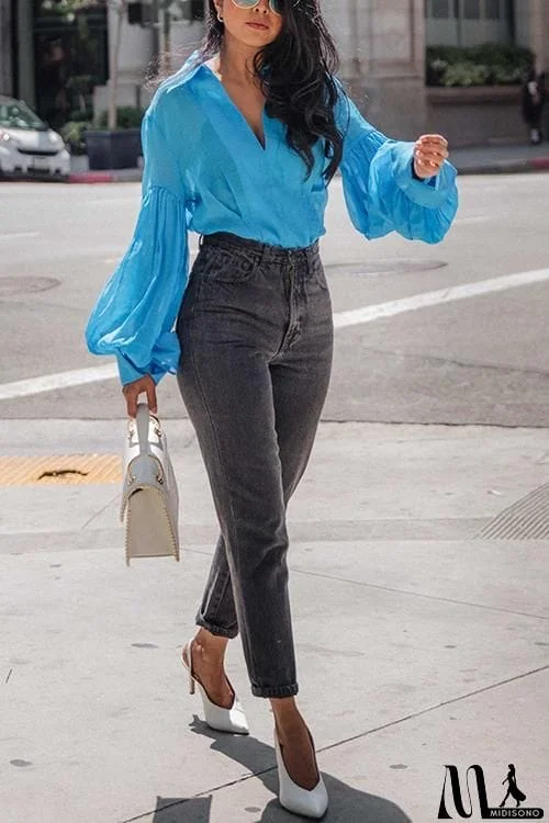 MidiSono - Button Puff Sleeve Shirt