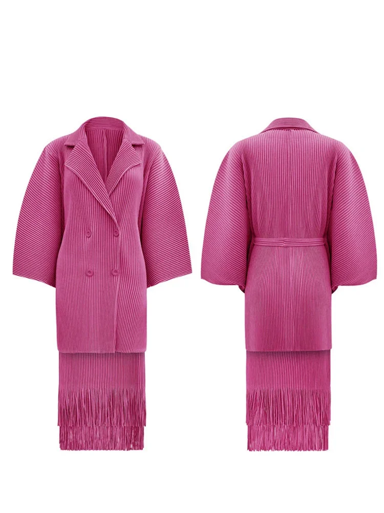 Modern Green V-neck Notched Collar Double-breasted Pleated Coat And Tassel Hem Skirt Set