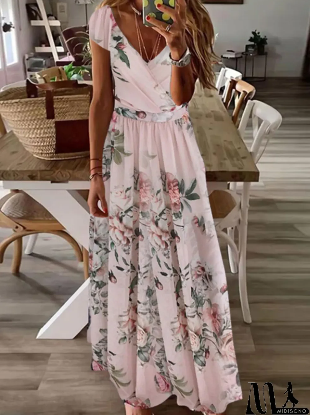 MidiSono - Vintage Floral Printed Boho Elegant V-Neck Maxi Dress