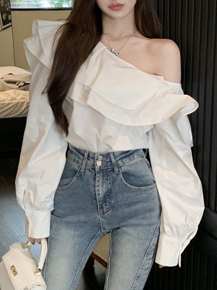Abebey-Korean Fashion White Shirts Women Spring Long Sleeve Slash Neck Casual Blouses Elegant Off Shoulder Ruffles Ladies Tops Blusas