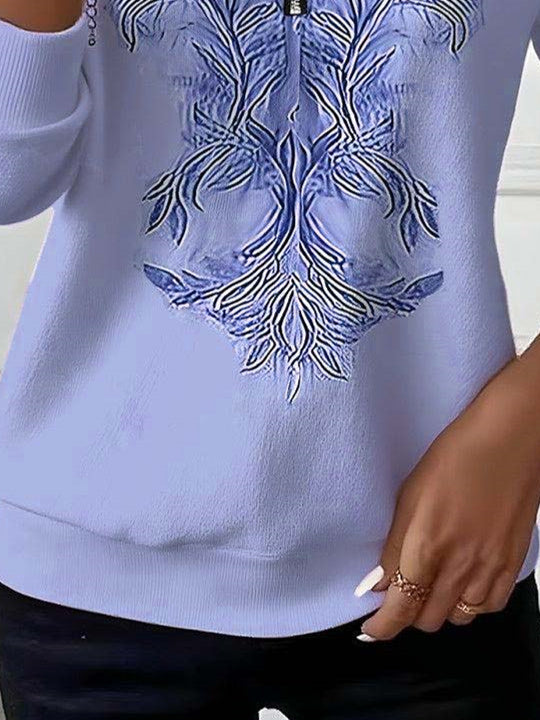 Women Long Sleeve Scoop Neck Floral Printed Graphic Zipper Tops