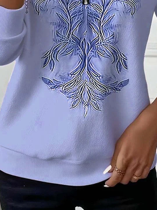 Women Long Sleeve Scoop Neck Floral Printed Graphic Zipper Tops