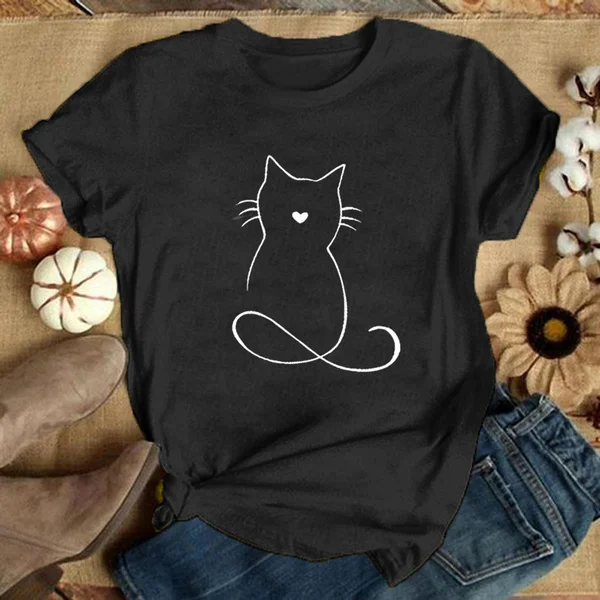 Women Graphic Cat Lovely Animal Fashion Short Sleeve Spring Summer Cartoon Print Female Clothes Tops Tees Tshirt T-Shirt