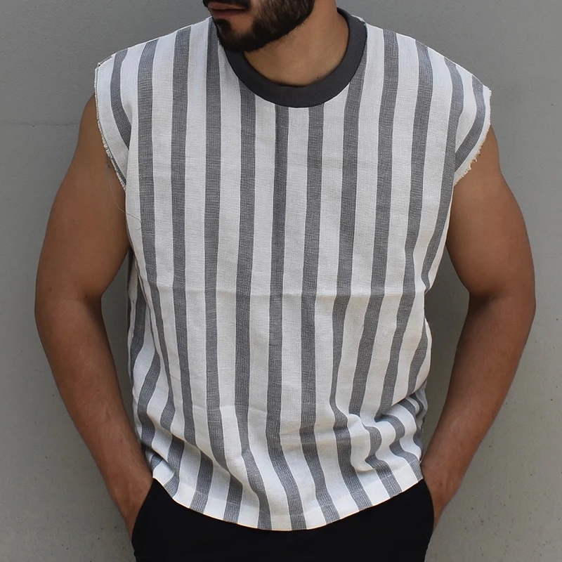 Men's Retro Casual Striped Linen Round Neck Tank Top