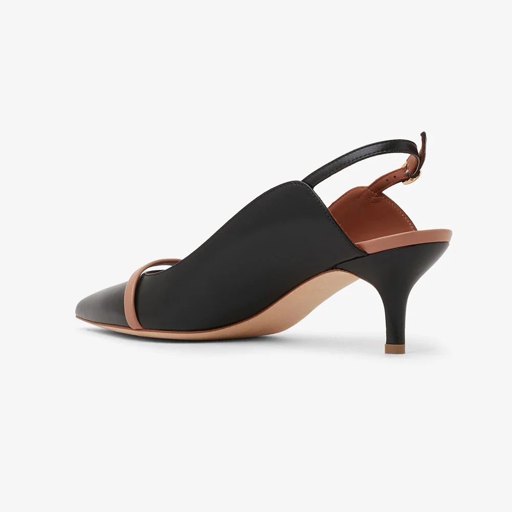 Black Vegan Leather Kitten Heel Slingback Pumps with Pointed Toe