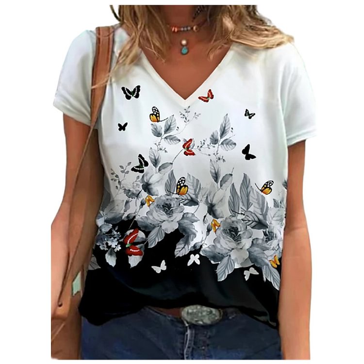 Vintage 3DPatternWomen's T-shirtShortSleeveLoose V-neck StreetCasualExtraLargeSummerLargeNew VariousSizes - Life is Beautiful for You - SheChoic