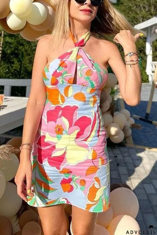 Print Halter Neck Backless Mini Dress