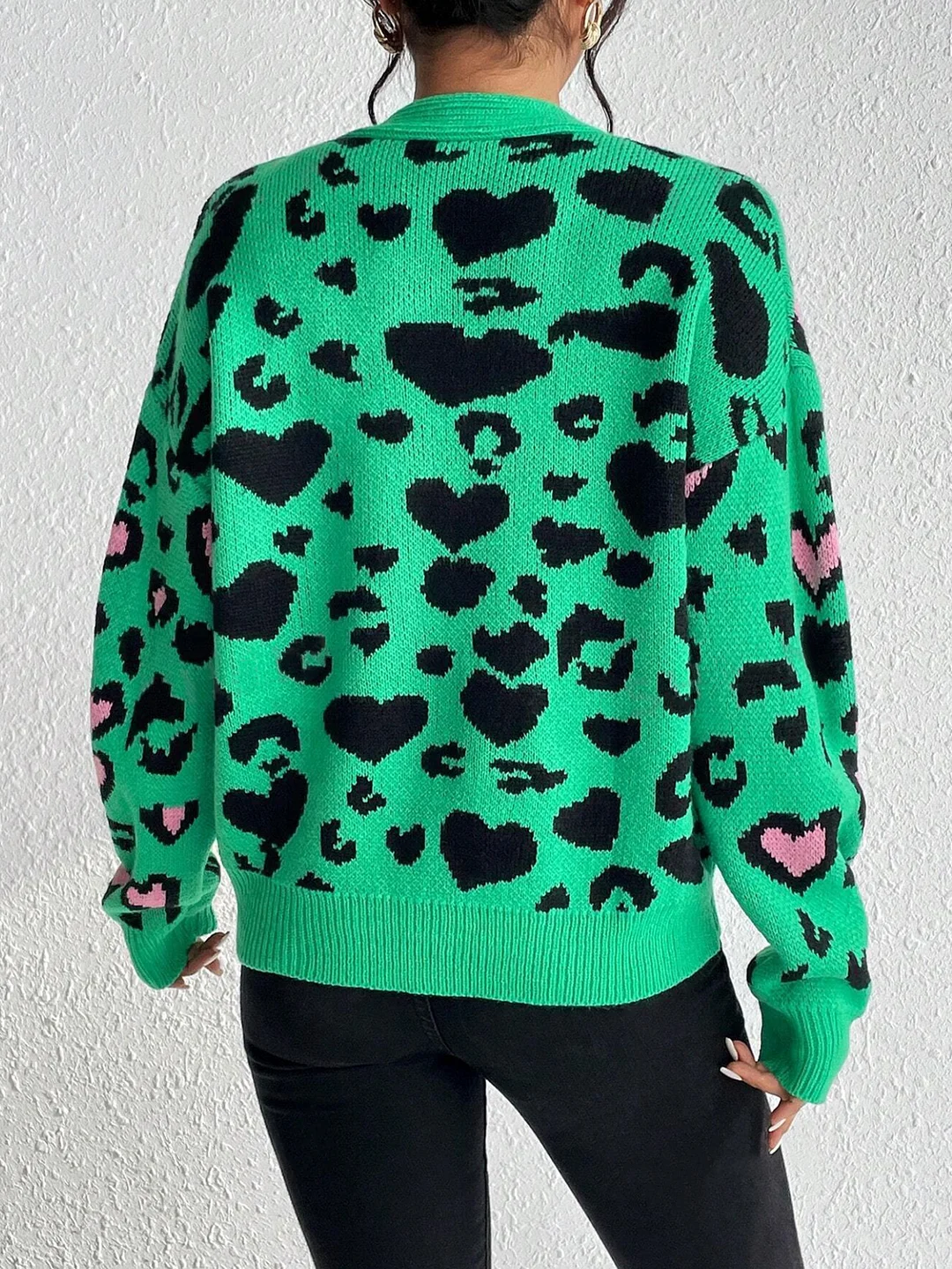 Nigikala Nigikala V-Neck Sweater Color Leopard-Print Knitted Sweater Coat Woman