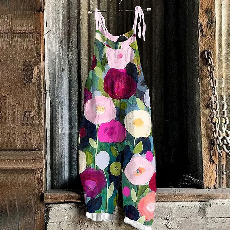 Vintage Summer Floral Art Linen Blend Loose Casual Jumpsuit