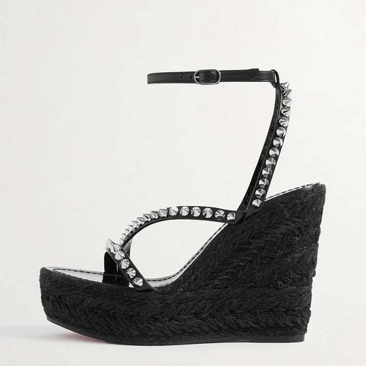 Black Braided Platform Shoes Women's Open Toe Rivets Sandal Vintage Wedge Heels |FSJ Shoes