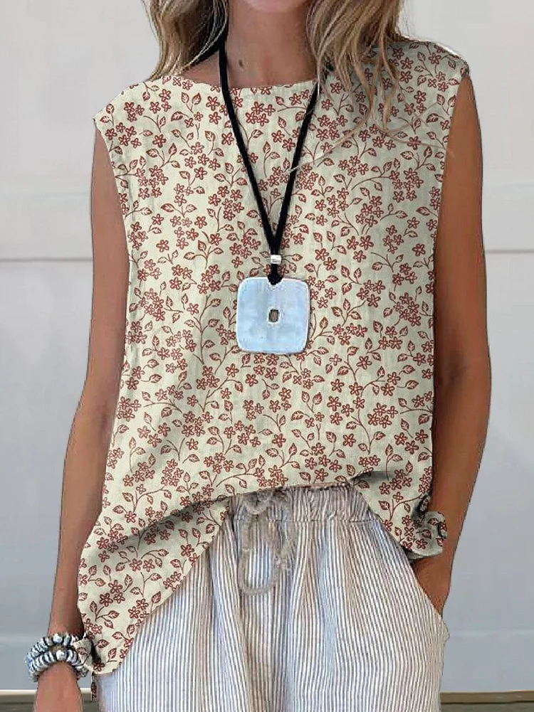 Women's Cute Elegant Flowers Art Print Casual Cotton And Linen Tank Top