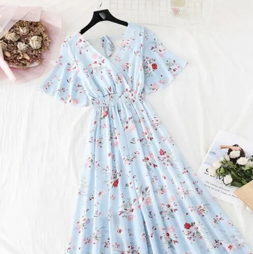 2020 Slim V Neck Summer Midi Long Dress Vestido Party Short sleeve Chiffon dress Women Casual Elegant print A-Line Vestidos