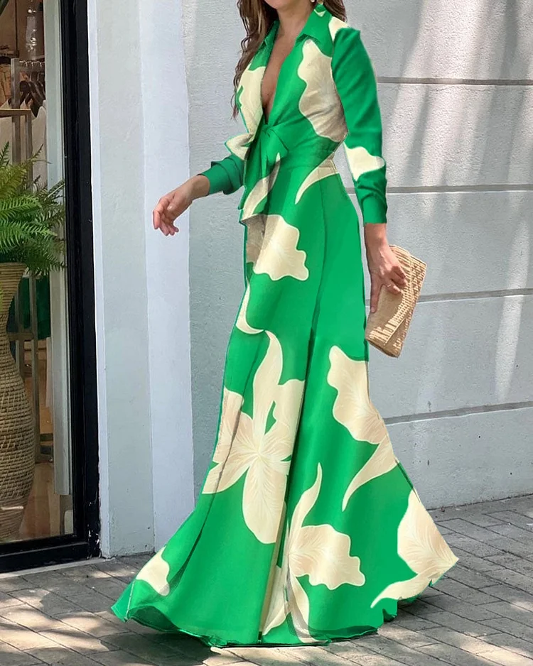 Women's fashion V-neck long-sleeved lapel printed wide-leg jumpsuit_ viptrois