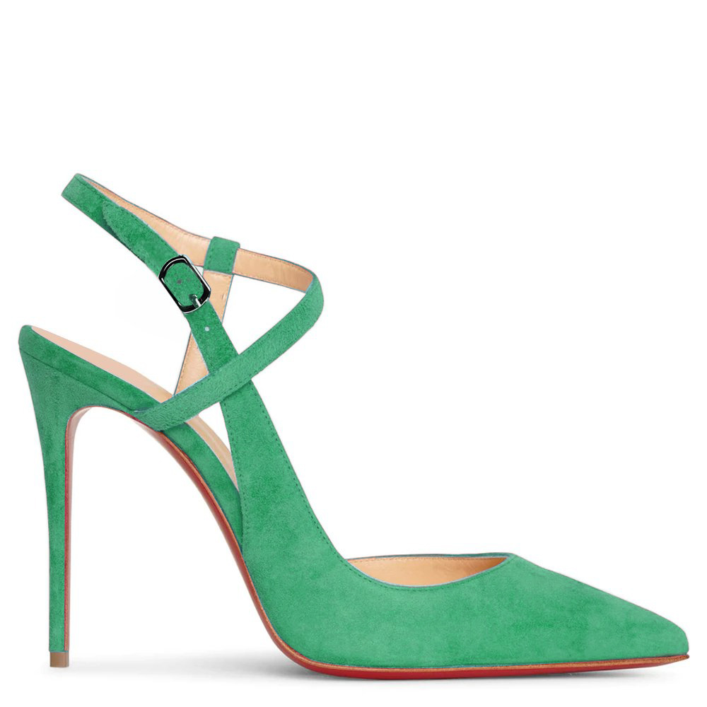 100mm Women Slingback Suede Pumps Ankle Strap Jenlove Stiletto Mid Heel Close Pointed Toe Dress Red Bottoms Shoes VOCOSI James Yang