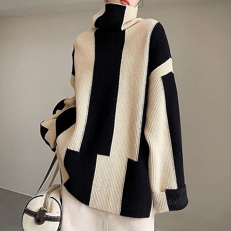 Black White Casual Knitted Shift Sweater QueenFunky